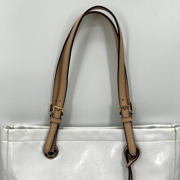 MICHAEL KORS White Jet Set Patent Leather Monogram Embossed Large Tote Purse - Picture 6 of 14